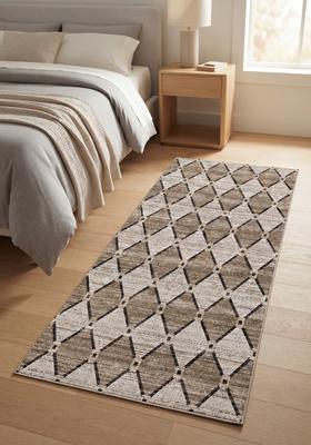 Saffron Rugs Wool Tufted Machine Washable Runner | Water Repellent Non Slip | Beige Brown Contemporary Trellis for Kitchen Bedroom Living Room Hallway