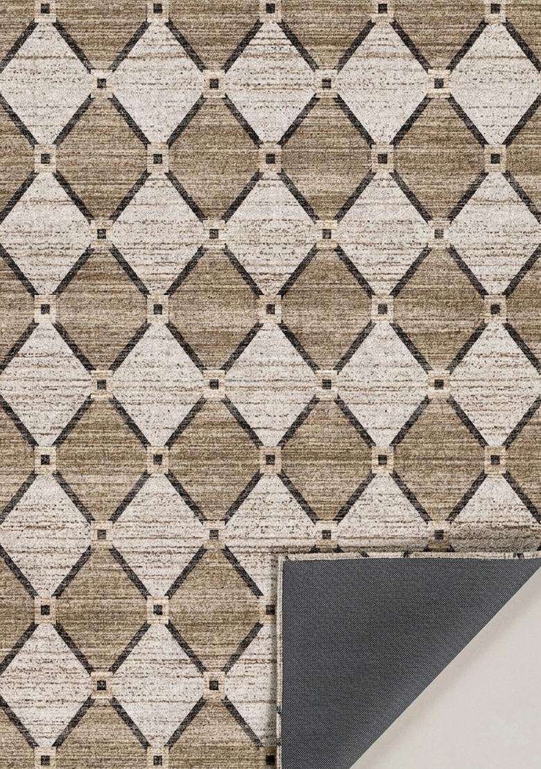 Washable Rugs Wool Blend Area Rug | Beige Brown Contemporary Trellis Non Slip Carpet For Kitchen - Indya