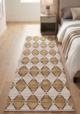 Saffron Rugs Wool Tufted Machine Washable Runner | Water Repellent Non Slip | Gold Beige Contemporary Trellis for Kitchen Bedroom Living Room Hallway