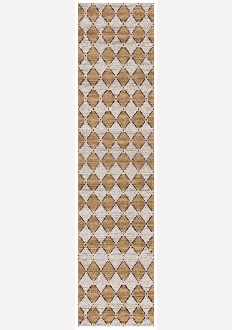 Saffron Rugs Wool Tufted Machine Washable Runner | Water Repellent Non Slip | Gold Beige Contemporary Trellis for Kitchen Bedroom Living Room Hallway - Indya