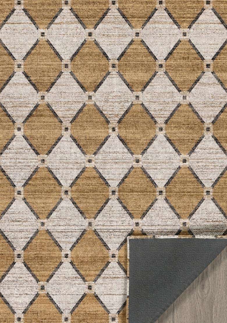Saffron Rugs Wool Flat Woven Machine Washable Runner Non Slip | Gold Beige Contemporary Trellis for Kitchen Bedroom Living Room Hallway - Indya