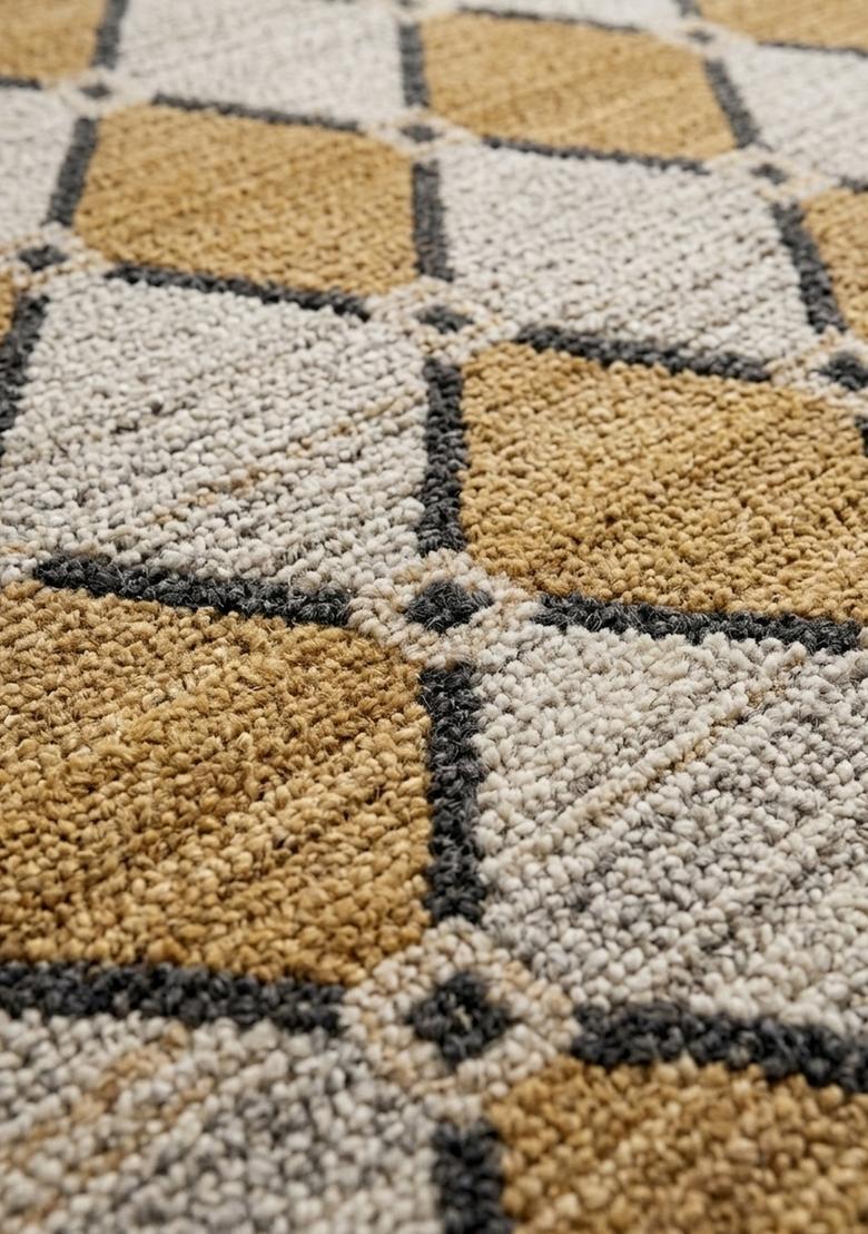 Saffron Rugs Wool Tufted Machine Washable Runner | Water Repellent Non Slip | Gold Beige Contemporary Trellis for Kitchen Bedroom Living Room Hallway - Indya