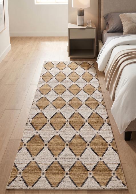 Saffron Rugs Wool Tufted Machine Washable Runner | Water Repellent Non Slip | Gold Beige Contemporary Trellis for Kitchen Bedroom Living Room Hallway
