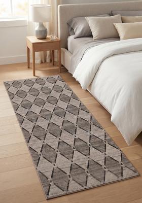 Saffron Rugs Wool Tufted Machine Washable Runner | Water Repellent Non Slip | Grey Beige Contemporary Trellis for Kitchen Bedroom Living Room Hallway