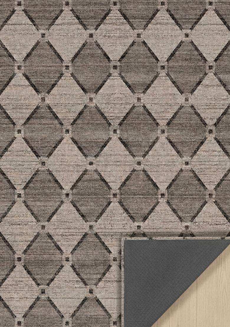 Washable Rugs Wool Blend Area Rug | Grey Beige Contemporary Trellis Non Slip Carpet For Kitchen - Indya