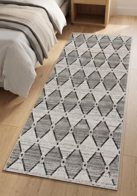 Saffron Rugs Wool Tufted Machine Washable Runner | Water Repellent Non Slip | Light Grey Contemporary Trellis for Kitchen Bedroom Living Room Hallway