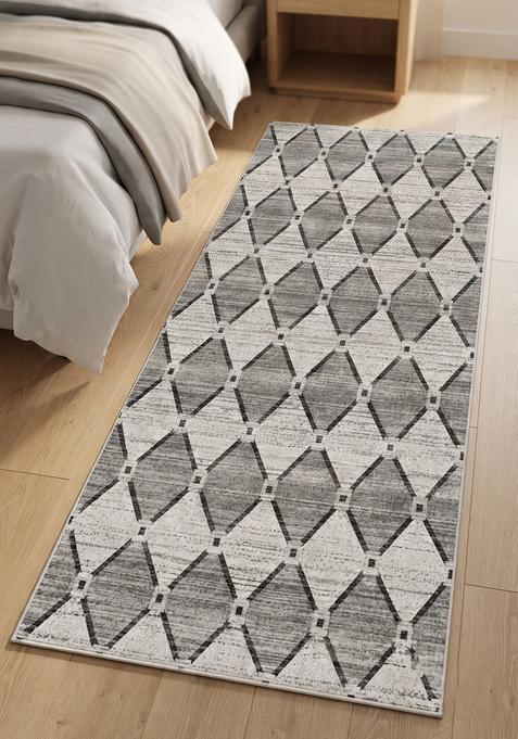 Saffron Rugs Wool Tufted Machine Washable Runner | Water Repellent Non Slip | Light Grey Contemporary Trellis for Kitchen Bedroom Living Room Hallway