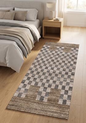 Saffron Rugs Wool Tufted Machine Washable Runner | Water Repellent Non Slip | Grey Brown Beige Contemporary Checkered for Kitchen Bedroom Living Room Hallway