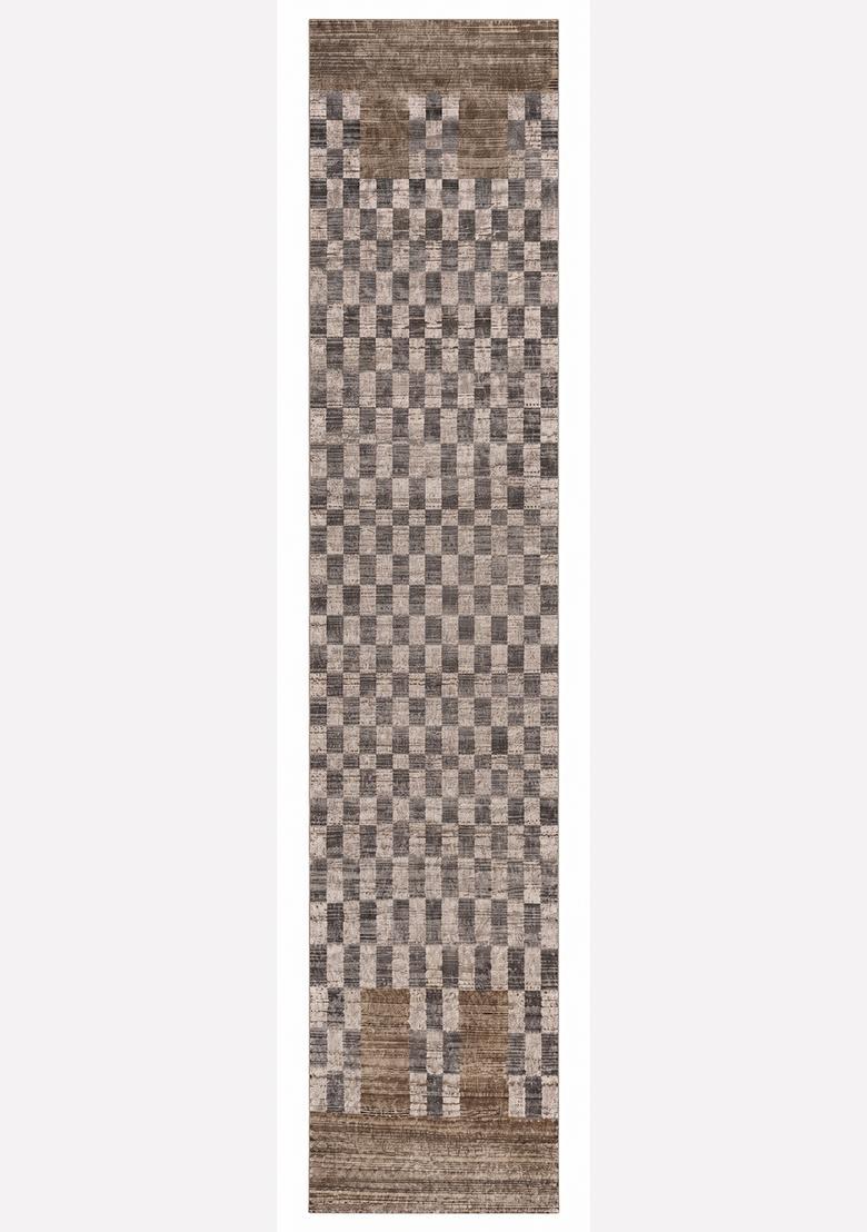 Saffron Rugs Wool Tufted Machine Washable Runner | Water Repellent Non Slip | Grey Brown Beige Contemporary Checkered for Kitchen Bedroom Living Room Hallway - Indya