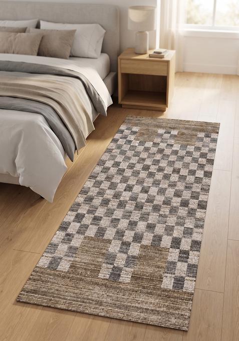 Saffron Rugs Wool Tufted Machine Washable Runner | Water Repellent Non Slip | Grey Brown Beige Contemporary Checkered for Kitchen Bedroom Living Room Hallway