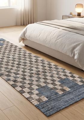 Saffron Rugs Wool Tufted Machine Washable Runner | Water Repellent Non Slip | Blue Grey Contemporary Checkered for Kitchen Bedroom Living Room Hallway