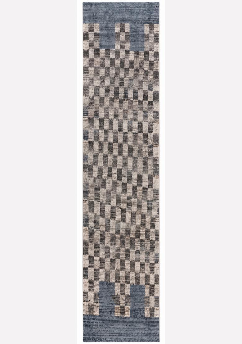 Saffron Rugs Wool Tufted Machine Washable Runner | Water Repellent Non Slip | Blue Grey Contemporary Checkered for Kitchen Bedroom Living Room Hallway - Indya