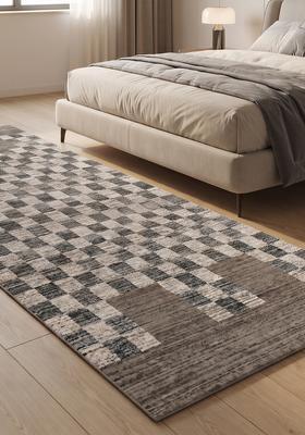Saffron Rugs Wool Tufted Machine Washable Runner | Water Repellent Non Slip | Charcoal Grey Beige Contemporary Checkered for Kitchen Bedroom Living Room Hallway