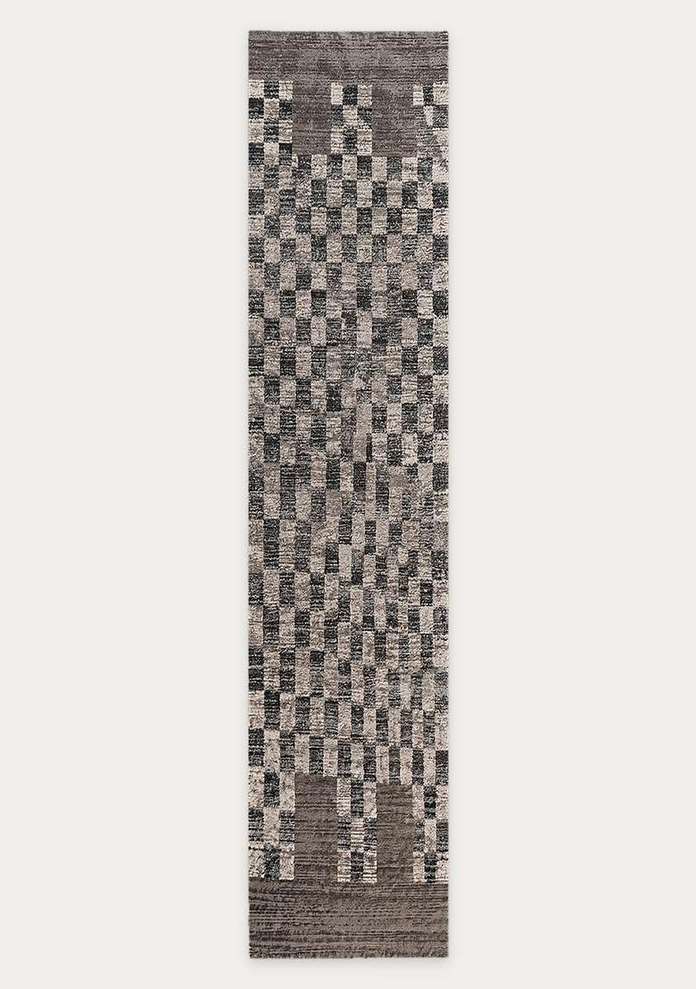 Washable Rugs Wool Blend Area Rug | Charcoal Grey Beige Contemporary Checkered Non Slip Carpet For Kitchen - Indya