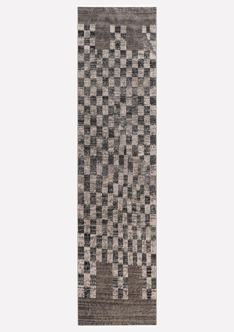 Saffron Rugs Wool Tufted Machine Washable Runner | Water Repellent Non Slip | Charcoal Grey Beige Contemporary Checkered for Kitchen Bedroom Living Room Hallway - Indya