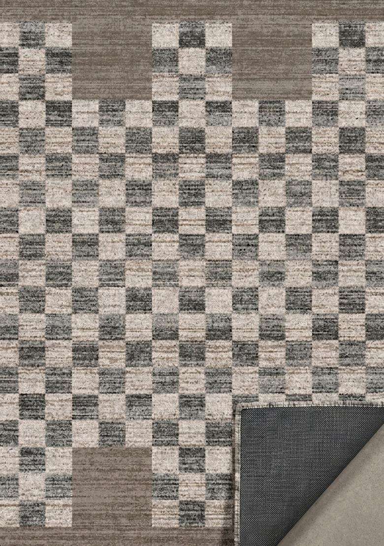 Washable Rugs Wool Blend Area Rug | Charcoal Grey Beige Contemporary Checkered Non Slip Carpet For Kitchen - Indya