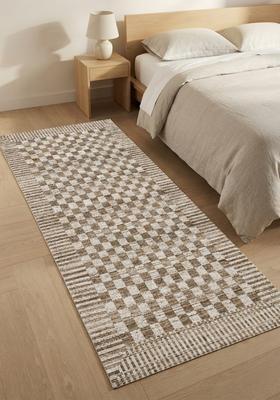 Saffron Rugs Wool Tufted Machine Washable Runner | Water Repellent Non Slip | Brown Beige Contemporary Checkered for Kitchen Bedroom Living Room Hallway