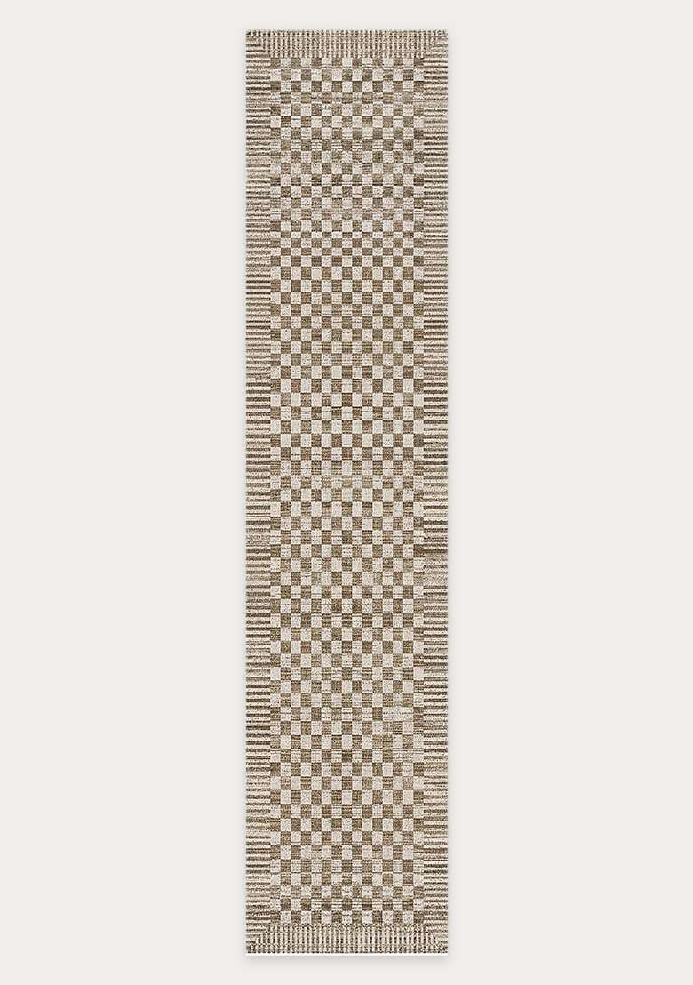 Washable Rugs Wool Blend Area Rug | Brown Beige Contemporary Checkered Non Slip Carpet For Kitchen - Indya