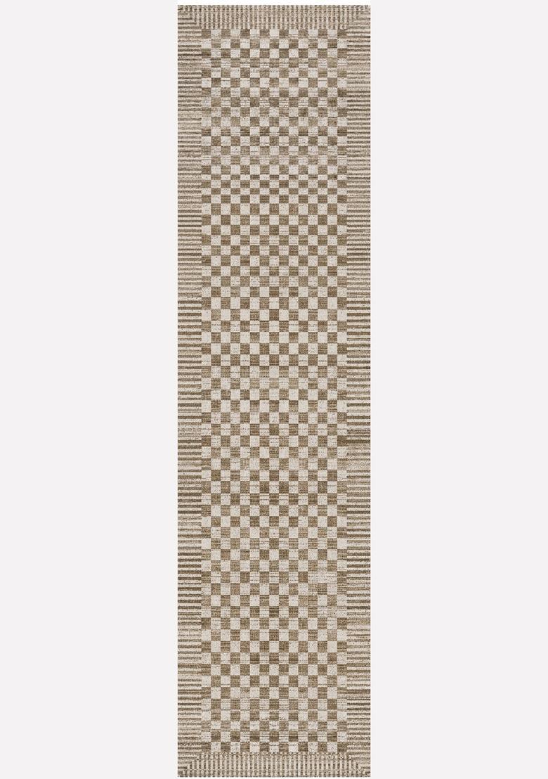 Saffron Rugs Wool Tufted Machine Washable Runner | Water Repellent Non Slip | Brown Beige Contemporary Checkered for Kitchen Bedroom Living Room Hallway - Indya