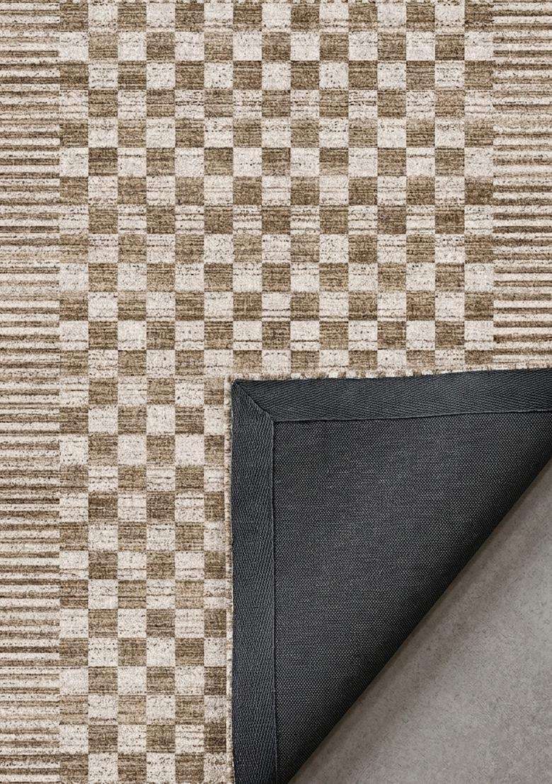 Washable Rugs Wool Blend Area Rug | Brown Beige Contemporary Checkered Non Slip Carpet For Kitchen - Indya
