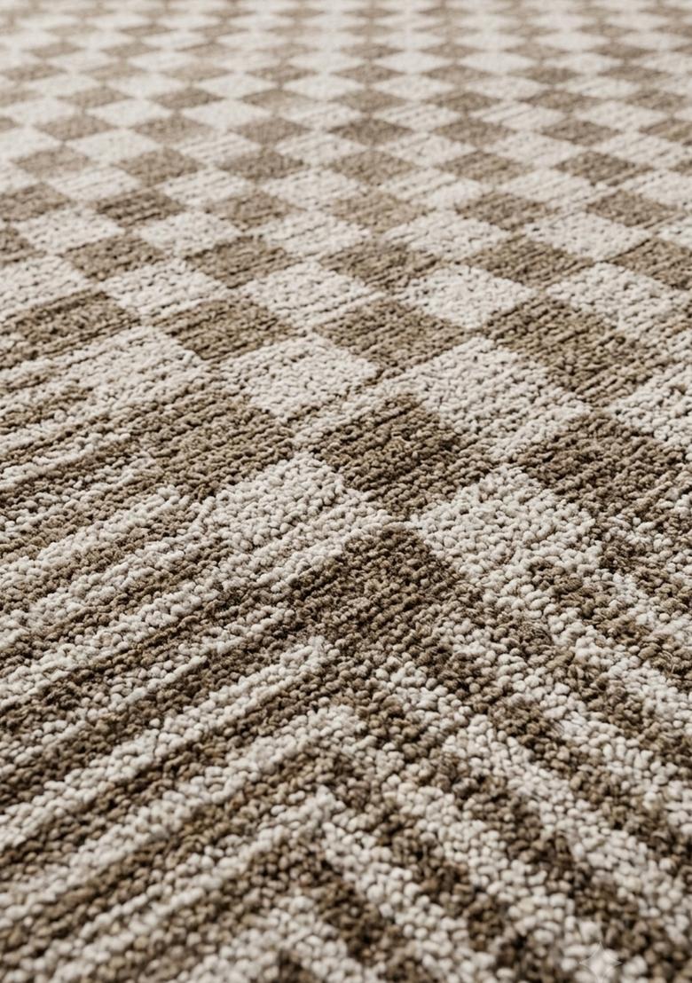 Saffron Rugs Wool Tufted Machine Washable Runner | Water Repellent Non Slip | Brown Beige Contemporary Checkered for Kitchen Bedroom Living Room Hallway - Indya