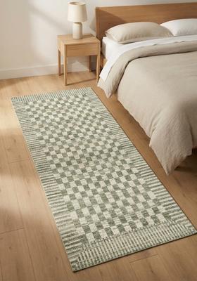 Saffron Rugs Wool Tufted Machine Washable Runner | Water Repellent Non Slip | Sage Green Contemporary Checkered for Kitchen Bedroom Living Room Hallway