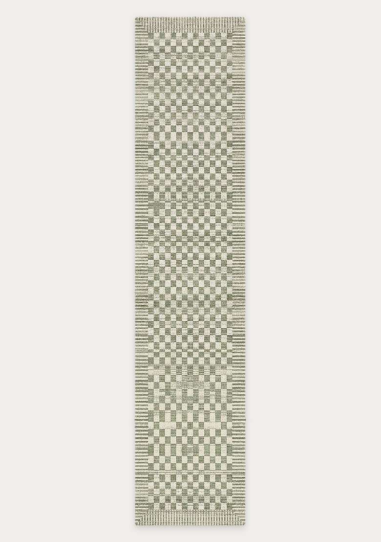 Washable Rugs Wool Blend Area Rug | Sage Green Contemporary Checkered Non Slip Carpet For Kitchen - Indya