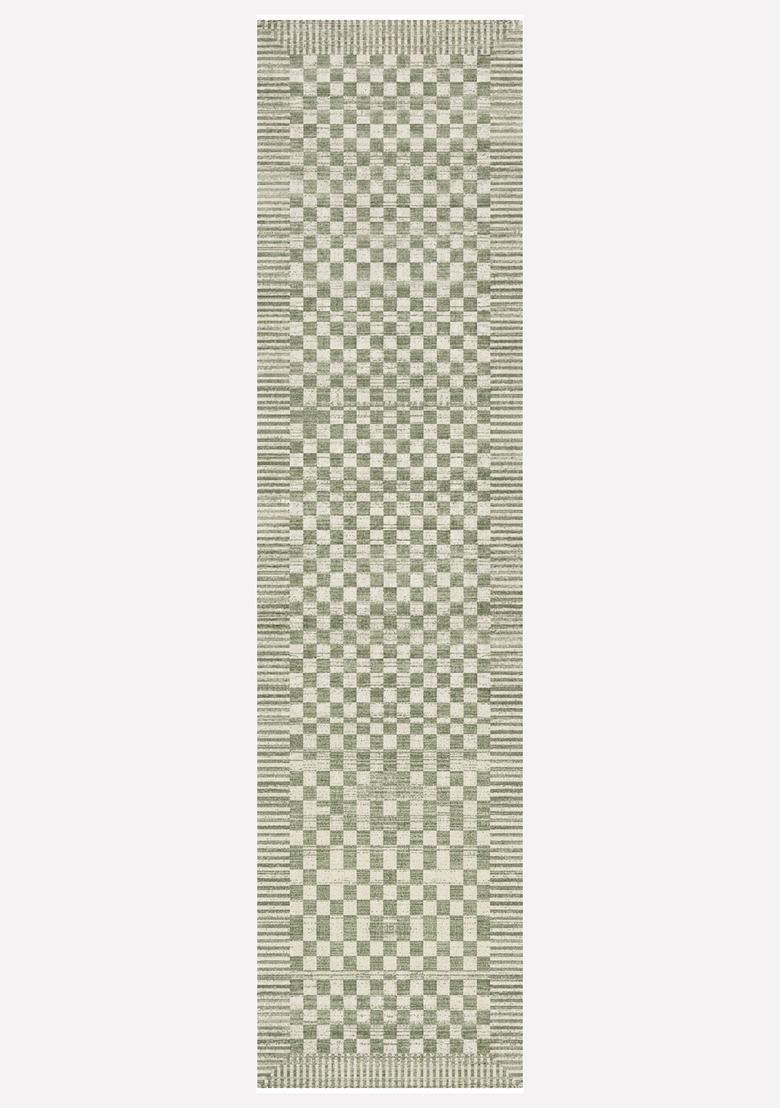 Saffron Rugs Wool Tufted Machine Washable Runner | Water Repellent Non Slip | Sage Green Contemporary Checkered for Kitchen Bedroom Living Room Hallway - Indya