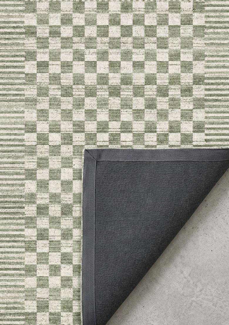 Washable Rugs Wool Blend Area Rug | Sage Green Contemporary Checkered Non Slip Carpet For Kitchen - Indya
