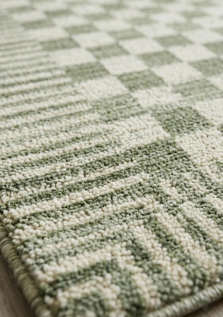 Saffron Rugs Wool Tufted Machine Washable Runner | Water Repellent Non Slip | Sage Green Contemporary Checkered for Kitchen Bedroom Living Room Hallway - Indya