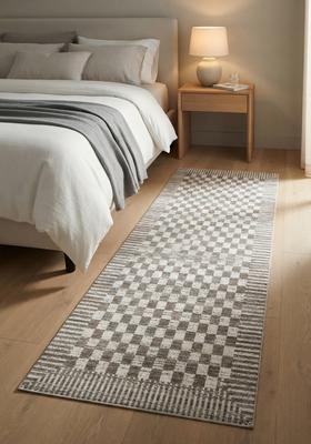 Saffron Rugs Wool Tufted Machine Washable Runner | Water Repellent Non Slip | Grey Cream Contemporary Checkered for Kitchen Bedroom Living Room Hallway