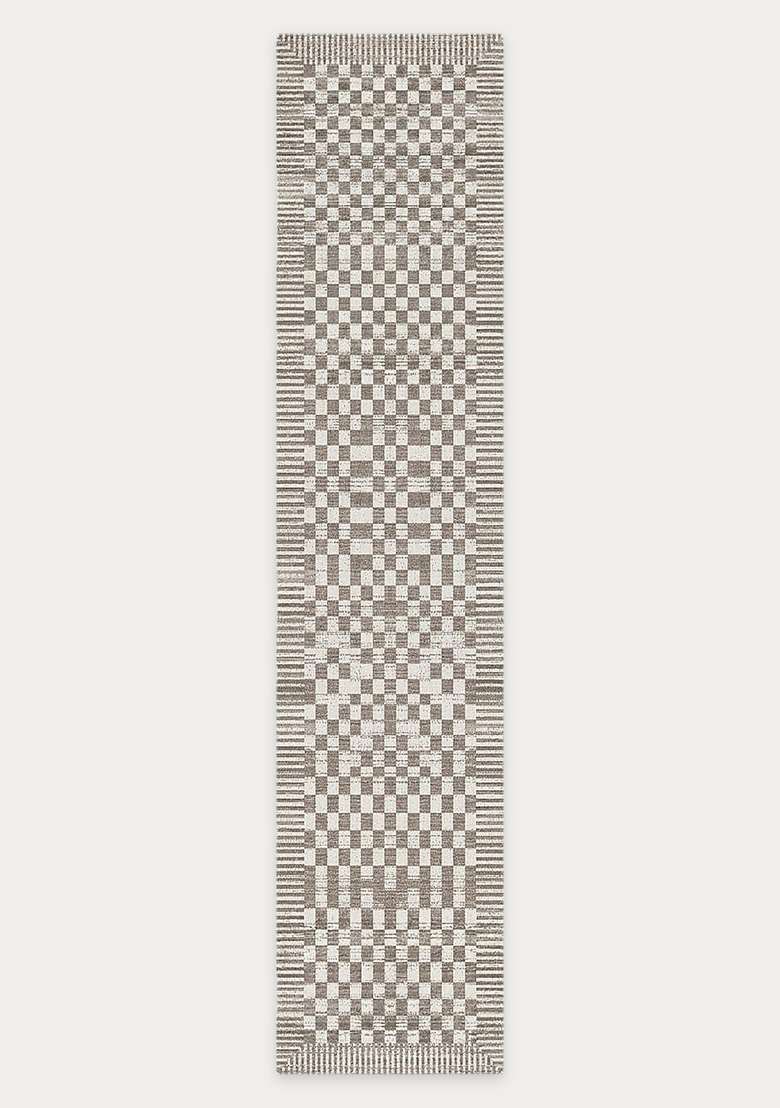 Washable Rugs Wool Blend Area Rug | Grey Cream Contemporary Checkered Non Slip Carpet For Kitchen - Indya