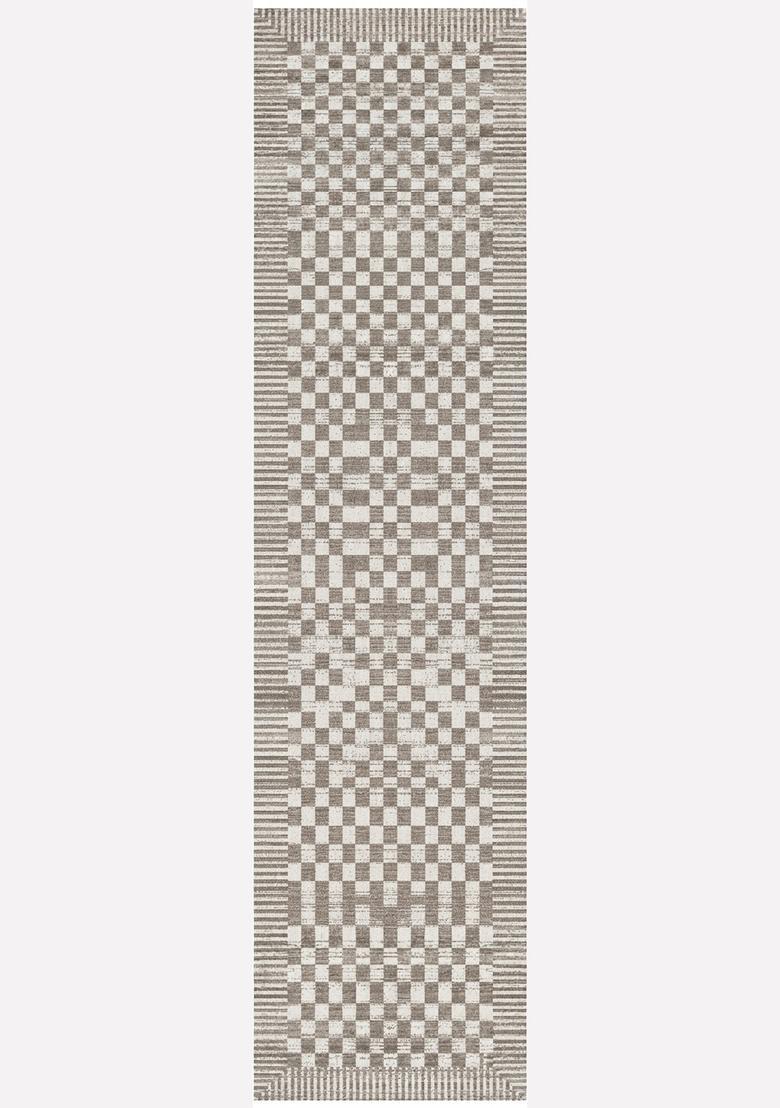 Saffron Rugs Wool Tufted Machine Washable Runner | Water Repellent Non Slip | Grey Cream Contemporary Checkered for Kitchen Bedroom Living Room Hallway - Indya