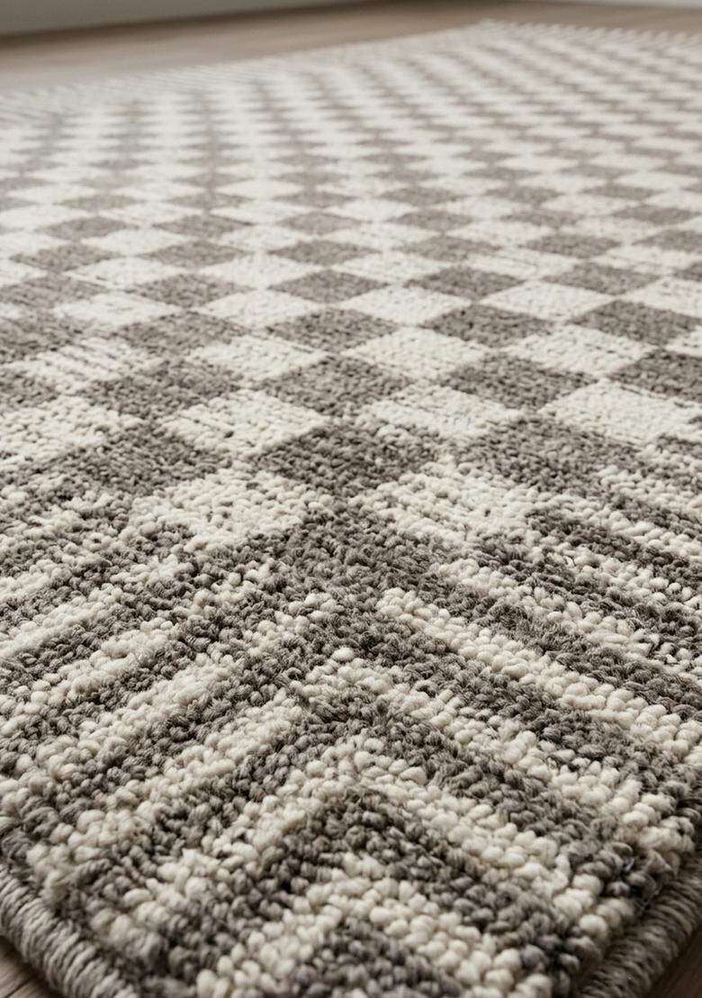 Saffron Rugs Wool Tufted Machine Washable Runner | Water Repellent Non Slip | Grey Cream Contemporary Checkered for Kitchen Bedroom Living Room Hallway - Indya