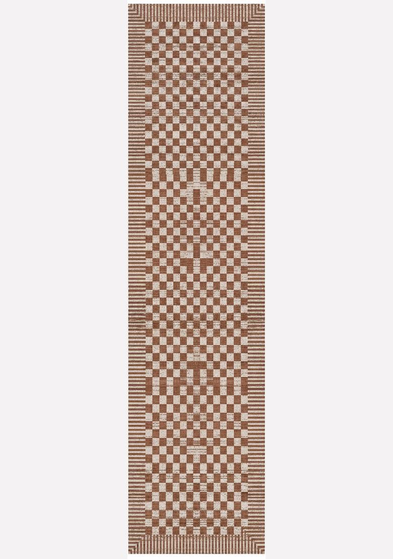 Saffron Rugs Wool Tufted Machine Washable Runner | Water Repellent Non Slip | Terracotta Brown Contemporary Checkered for Kitchen Bedroom Living Room Hallway - Indya