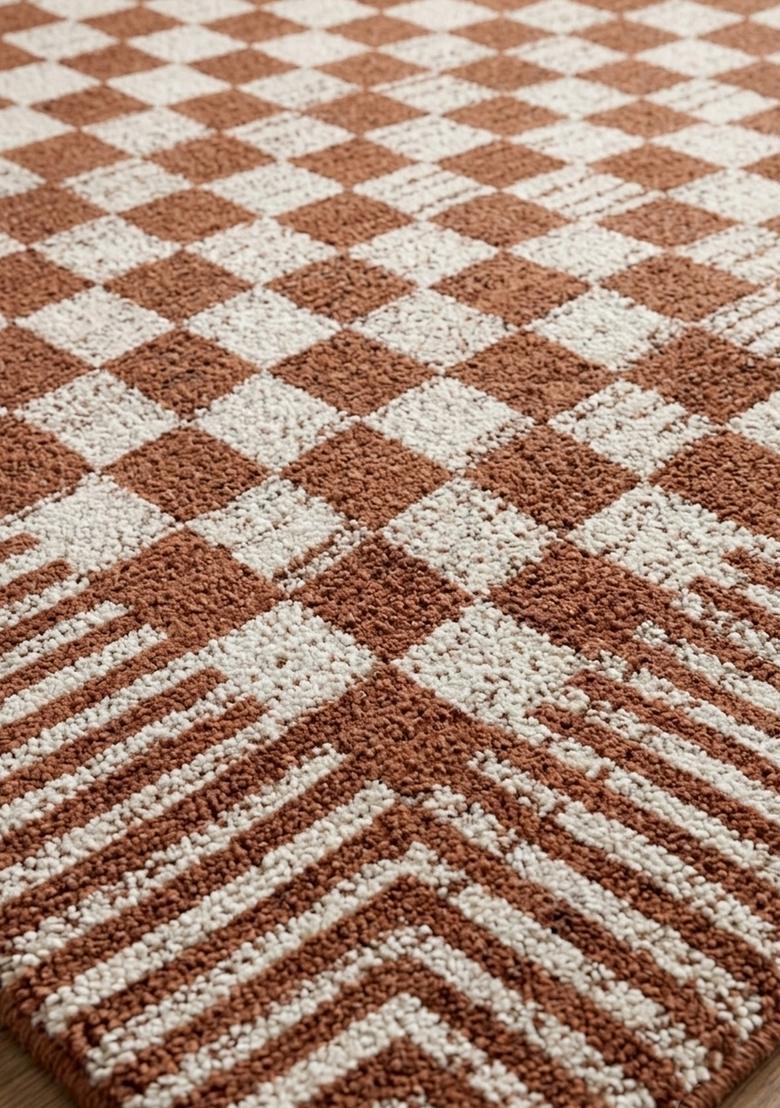Saffron Rugs Wool Tufted Machine Washable Runner | Water Repellent Non Slip | Terracotta Brown Contemporary Checkered for Kitchen Bedroom Living Room Hallway - Indya