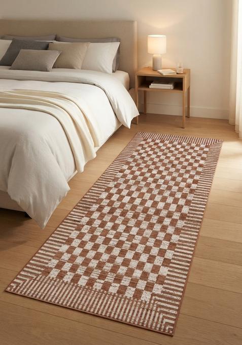 Saffron Rugs Wool Tufted Machine Washable Runner | Water Repellent Non Slip | Terracotta Brown Contemporary Checkered for Kitchen Bedroom Living Room Hallway