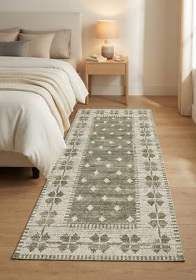 Saffron Rugs Wool Tufted Machine Washable Runner | Water Repellent Non Slip | Olive Green Moroccan Geometric for Kitchen Bedroom Living Room Hallway