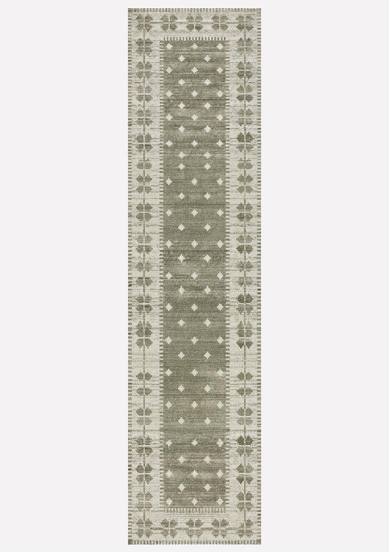 Saffron Rugs Wool Tufted Machine Washable Runner | Water Repellent Non Slip | Olive Green Moroccan Geometric for Kitchen Bedroom Living Room Hallway - Indya