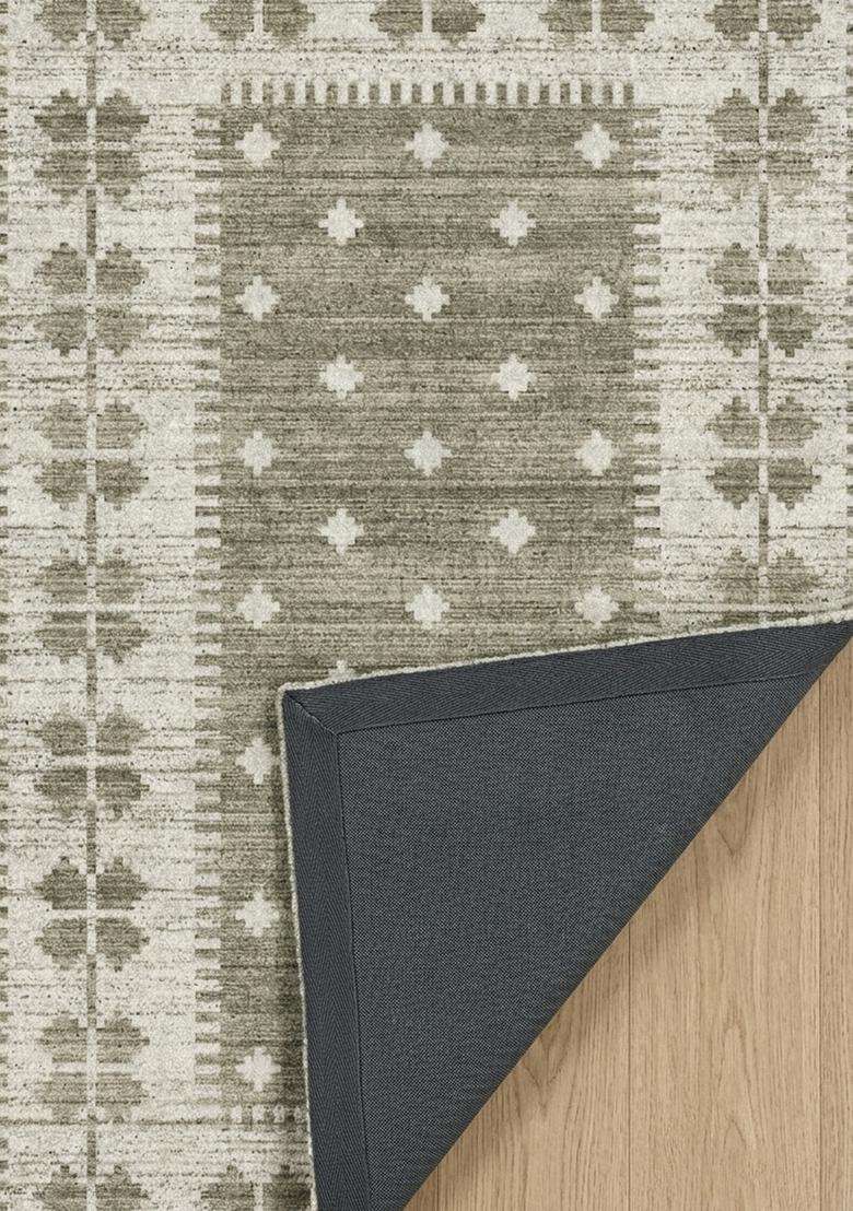 Washable Rugs Wool Blend Area Rug | Olive Green Moroccan Geometric Non Slip Carpet For Kitchen - Indya