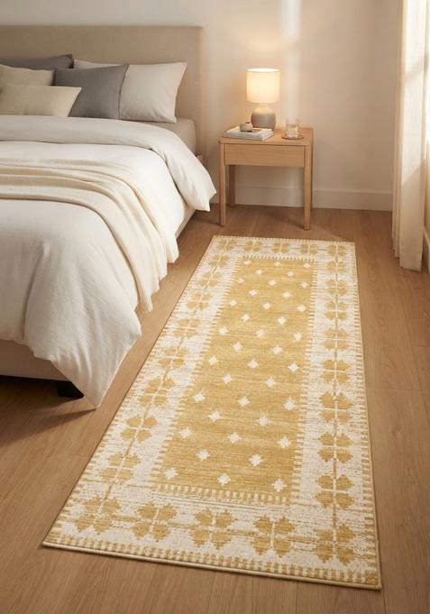 Saffron Rugs Wool Tufted Machine Washable Runner | Water Repellent Non Slip | Golden Yellow Moroccan Geometric for Kitchen Bedroom Living Room Hallway