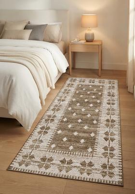 Saffron Rugs Wool Tufted Machine Washable Runner | Water Repellent Non Slip | Brown Cream Moroccan Geometric for Kitchen Bedroom Living Room Hallway