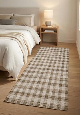 Saffron Rugs Wool Tufted Machine Washable Runner | Water Repellent Non Slip | Beige Brown Farmhouse Checkered for Kitchen Bedroom Living Room Hallway