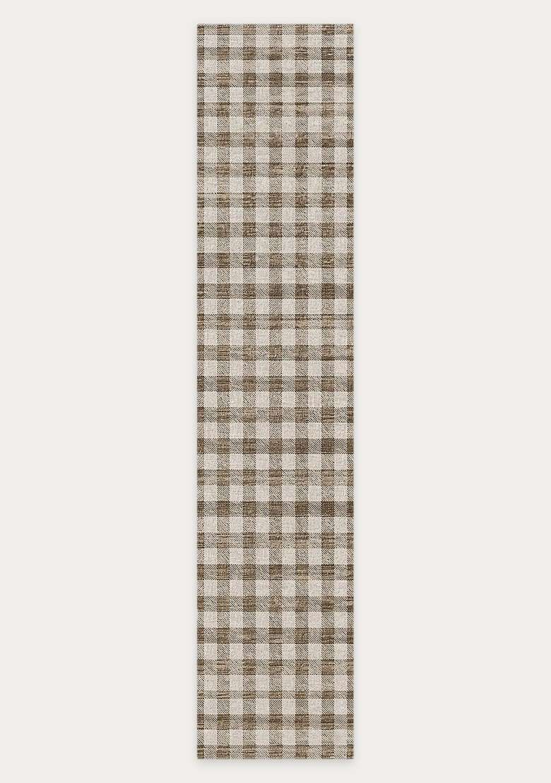 Washable Rugs Wool Blend Area Rug | Beige Brown Farmhouse Checkered Non Slip Carpet For Kitchen - Indya