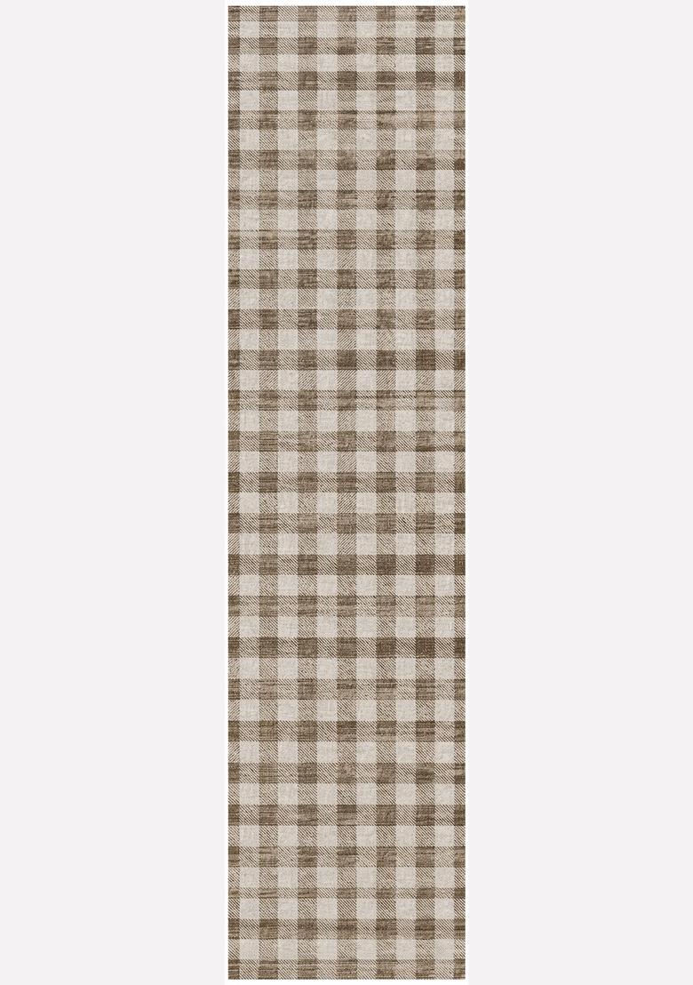 Saffron Rugs Wool Tufted Machine Washable Runner | Water Repellent Non Slip | Beige Brown Farmhouse Checkered for Kitchen Bedroom Living Room Hallway - Indya