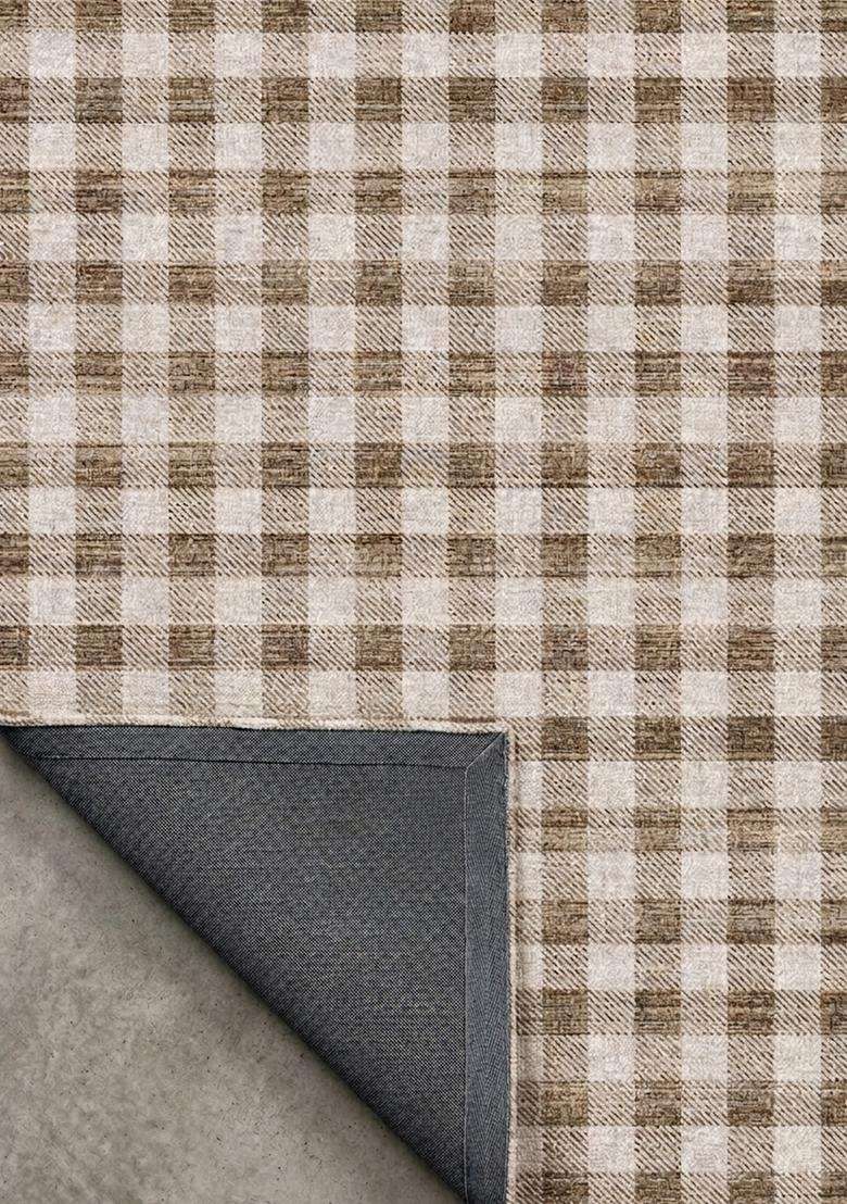 Washable Rugs Wool Blend Area Rug | Beige Brown Farmhouse Checkered Non Slip Carpet For Kitchen - Indya