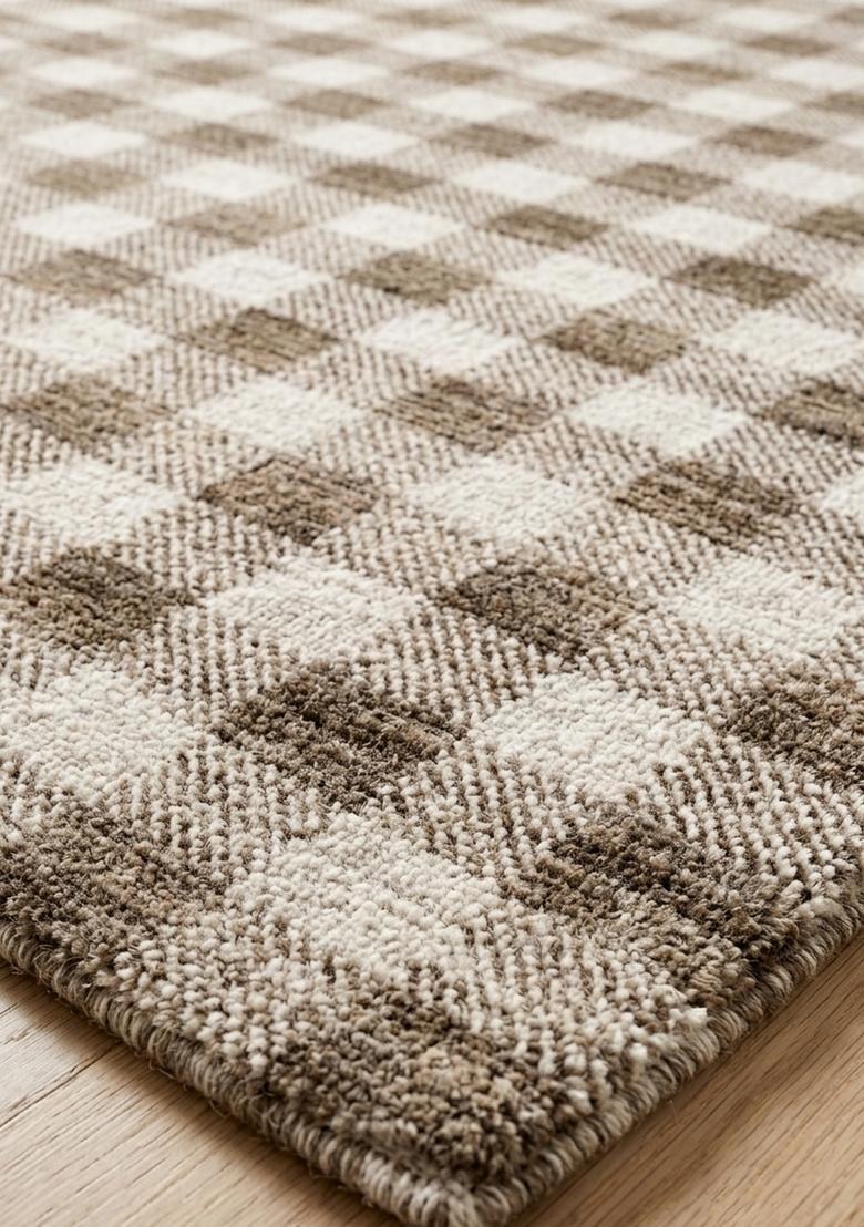Saffron Rugs Wool Tufted Machine Washable Runner | Water Repellent Non Slip | Beige Brown Farmhouse Checkered for Kitchen Bedroom Living Room Hallway - Indya