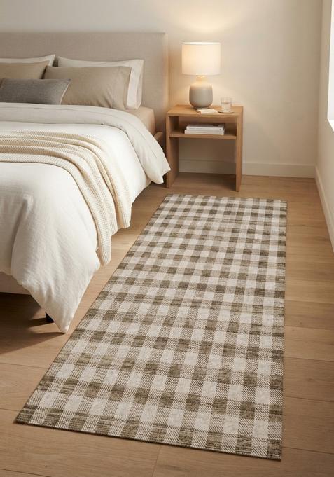 Saffron Rugs Wool Tufted Machine Washable Runner | Water Repellent Non Slip | Beige Brown Farmhouse Checkered for Kitchen Bedroom Living Room Hallway