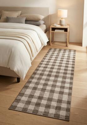 Saffron Rugs Wool Tufted Machine Washable Runner | Water Repellent Non Slip | Brown and Cream Farmhouse Checkered for Kitchen Bedroom Living Room Hallway