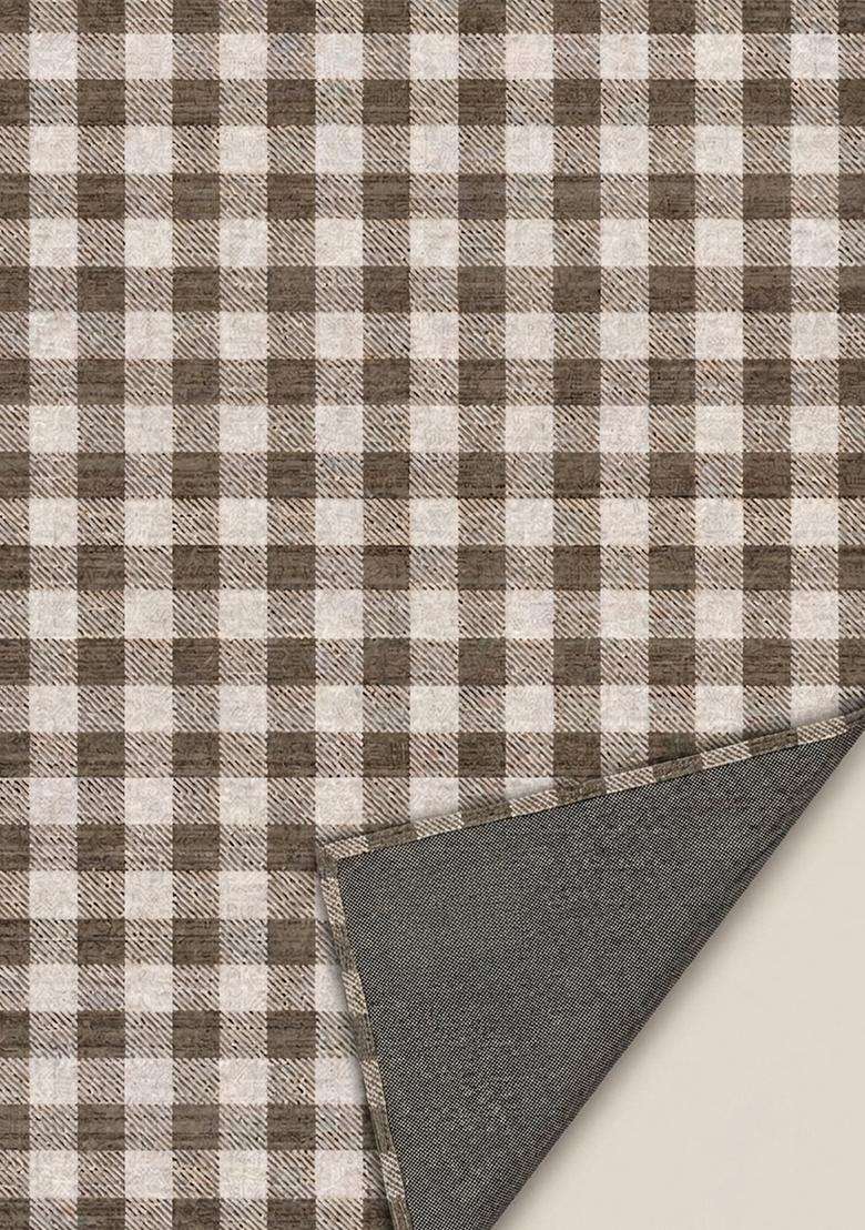 Washable Rugs Wool Blend Area Rug | Brown And Cream Farmhouse Checkered Non Slip Carpet For Kitchen - Indya